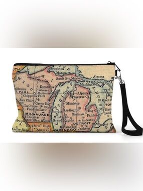 NWT Daisy May Designs zipper pouch of vintage map of Great Lakes & Michigan